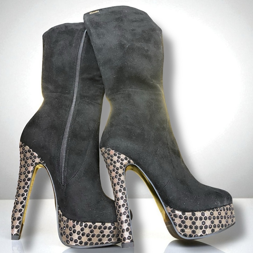 Elegant S.E.Lena Black Suede High Heel Platform Knee High Boots Size 35 (5) - Picture 9 of 16